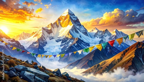 Golden sunrise over snow-covered Himalayan peaks with prayer flags fluttering, symbolizing peace, faith and human endurance in the high mountains of Nepal