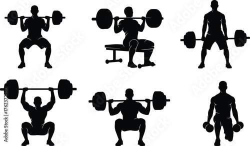 Weightlifting, silhouette, exercise pose, black figure, barbell, dumbbell, squat, deadlift, bench press, motion, posture, strength, fitness, gym, illustration, concept, sequence, training, form