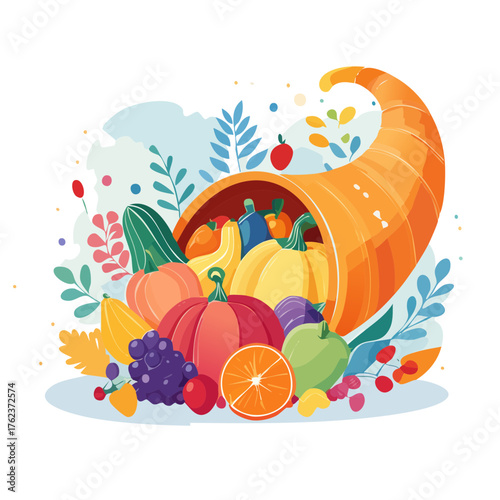 Thanksgiving Cornucopia Set Filled with Harvest Fruits and Vegetables — Autumn Abundance Vector