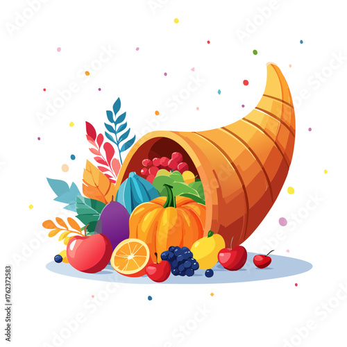 Thanksgiving Cornucopia Set Filled with Harvest Fruits and Vegetables — Autumn Abundance Vector