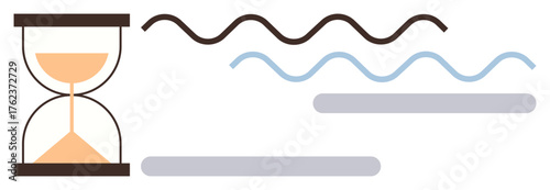 Hourglass with sand and curved lines in various colors indicating time, processes, or change dynamics. Ideal for time management, productivity, streamlining, workflow, transformation, minimal design