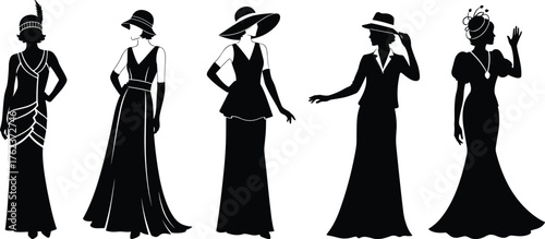 Vintage fashion silhouette, women’s style evolution, 1920s to 1970s, black figure illustration, long dress, hat icon, retro elegance, history