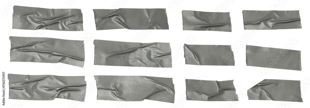Obraz premium Gray Duct Tape Strip set Isolated on White Background, Wrinkled Adhesive Tape Piece for Repair and Design, transparent background