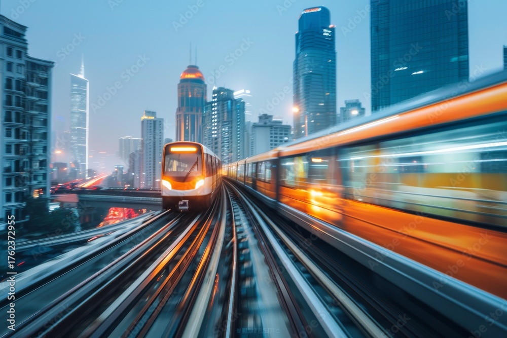 Fototapeta premium Fast-moving train in urban environment at dusk.