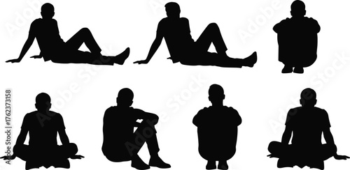 Sitting pose, silhouette, human figure, posture, black illustration, gesture, body language, cross-legged, knees up, motion, concept, profile, expressive, seated position, design reference