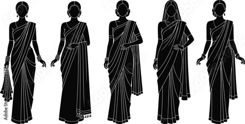 Saree, silhouette, Indian women, traditional dress, cultural fashion, jewelry, draping styles, ethnic wear, elegance, pose, profile, illustration, sequence, diversity, bangles, earrings, head covering