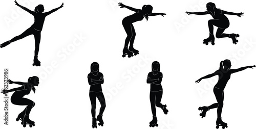 Roller skating silhouette, dynamic poses, black skater icons, active movement, inline skate illustration, sports vector, youth activity, stylish design