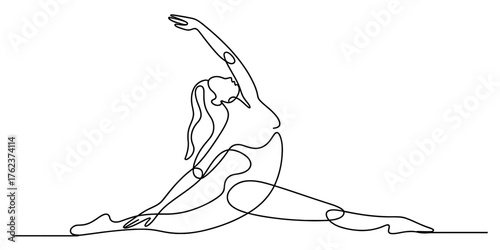 Elegant continuous line drawing of a dancer in a split pose gracefully stretching her arms and body vector