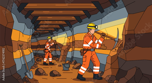 Flat vector of underground miners wearing helmets and safety suits working with lamps and tools in tunnel, teamwork and industry concept