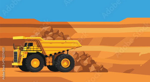 Flat vector of large mining dump truck transporting rocks from open-pit quarry, heavy industry and mineral extraction concept