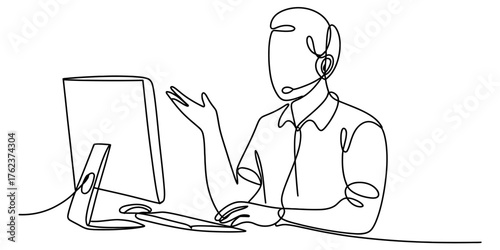 Minimalist continuous line drawing of a customer service representative at a computer working hard vector