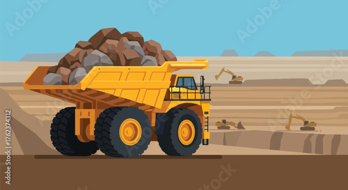Flat vector of large mining dump truck transporting rocks from open-pit quarry, heavy industry and mineral extraction concept