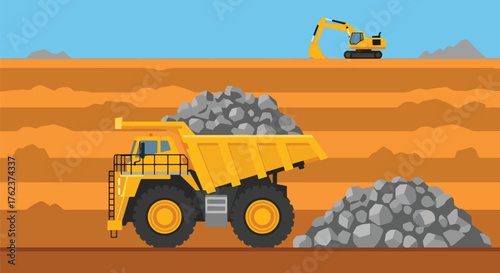 Flat vector of large mining dump truck transporting rocks from open-pit quarry, heavy industry and mineral extraction concept