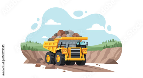 Flat vector of large mining dump truck transporting rocks from open-pit quarry, heavy industry and mineral extraction concept