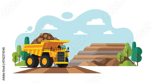 Flat vector of large mining dump truck transporting rocks from open-pit quarry, heavy industry and mineral extraction concept