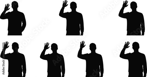 Raised hand, silhouette, gesture, black figure, greeting, oath, signal, posture, profile, motion, illustration, body language, sequence, concept, standing pose, expressive, communication, visual