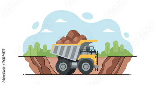 Flat vector of large mining dump truck transporting rocks from open-pit quarry, heavy industry and mineral extraction concept