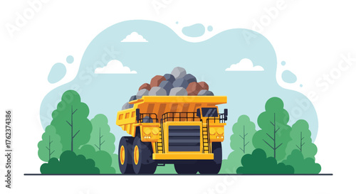 Flat vector of large mining dump truck transporting rocks from open-pit quarry, heavy industry and mineral extraction concept