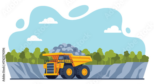 Flat vector of large mining dump truck transporting rocks from open-pit quarry, heavy industry and mineral extraction concept