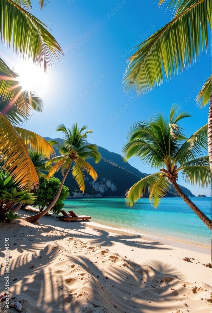 Obraz premium Sun-drenched tropical paradise, pristine sands meet turquoise waters under a clear blue sky, serene, exotic, clear