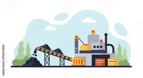 Flat vector of conveyor belt moving minerals to factory, mining production and processing industry illustration