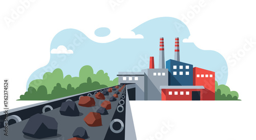 Flat vector of conveyor belt moving minerals to factory, mining production and processing industry illustration