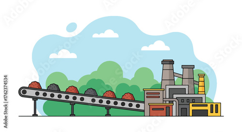 Flat vector of conveyor belt moving minerals to factory, mining production and processing industry illustration