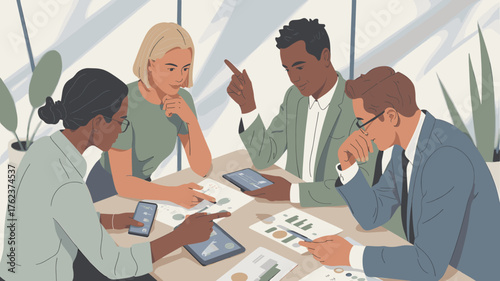 A diverse group of business people in a focused meeting.