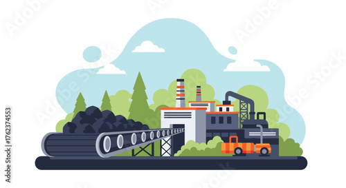 Flat vector of conveyor belt moving minerals to factory, mining production and processing industry illustration