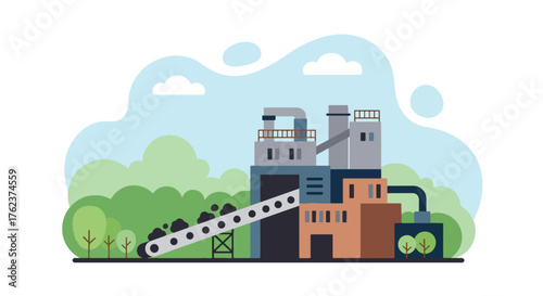 Flat vector of conveyor belt moving minerals to factory, mining production and processing industry illustration