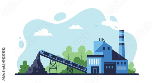 Flat vector of conveyor belt moving minerals to factory, mining production and processing industry illustration