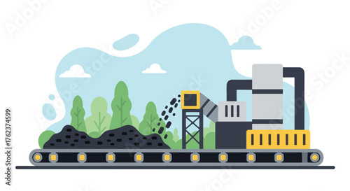 Flat vector of conveyor belt moving minerals to factory, mining production and processing industry illustration