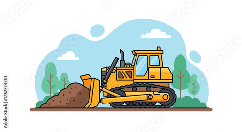 Flat vector of heavy bulldozer moving earth in open-pit mining site, industry and construction machinery theme
