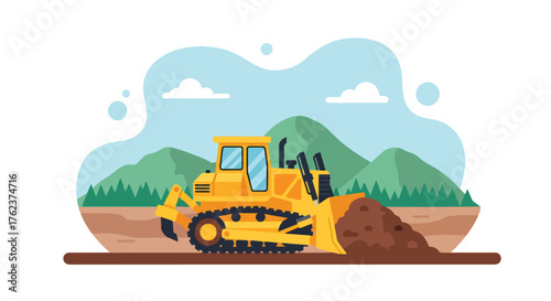 Flat vector of heavy bulldozer moving earth in open-pit mining site, industry and construction machinery theme