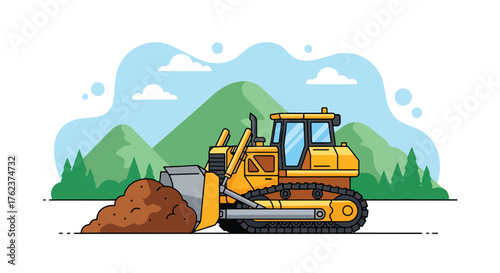 Flat vector of heavy bulldozer moving earth in open-pit mining site, industry and construction machinery theme