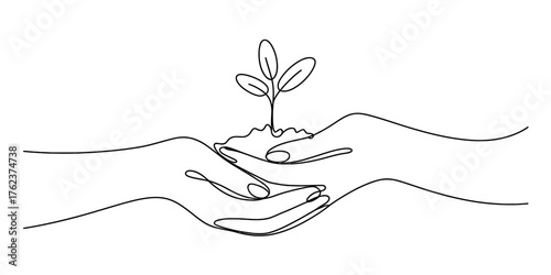Continuous single line drawing of hands gently holding a sprout symbolizing growth and new beginnings in nature vector