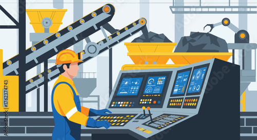 Flat vector of mining operator using control panel inside industrial room, monitoring machines and process systems