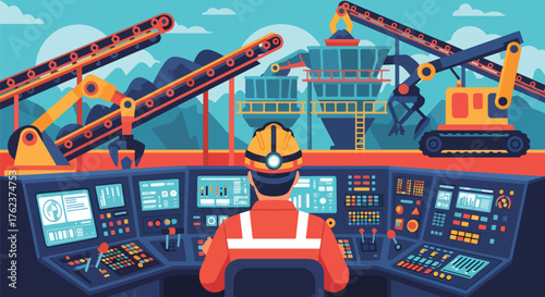 Flat vector of mining operator using control panel inside industrial room, monitoring machines and process systems