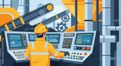 Flat vector of mining operator using control panel inside industrial room, monitoring machines and process systems