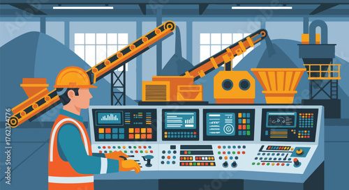 Flat vector of mining operator using control panel inside industrial room, monitoring machines and process systems