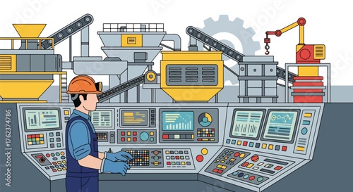 Flat vector of mining operator using control panel inside industrial room, monitoring machines and process systems