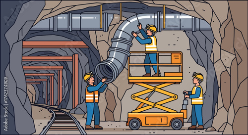 Flat vector of miners installing ventilation system underground, teamwork and engineering safety operation