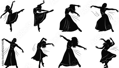 Dance, silhouette, woman, motion, expressive pose, black figure, flowing dress, gesture, rhythm, elegance, movement, dynamic, illustration, concept, performance, style, choreography, sequence