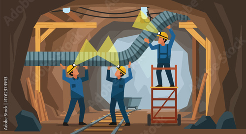 Flat vector of miners installing ventilation system underground, teamwork and engineering safety operation