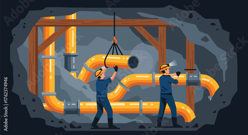 Flat vector of miners installing ventilation system underground, teamwork and engineering safety operation