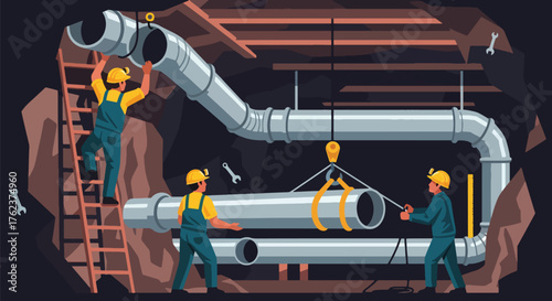 Flat vector of miners installing ventilation system underground, teamwork and engineering safety operation