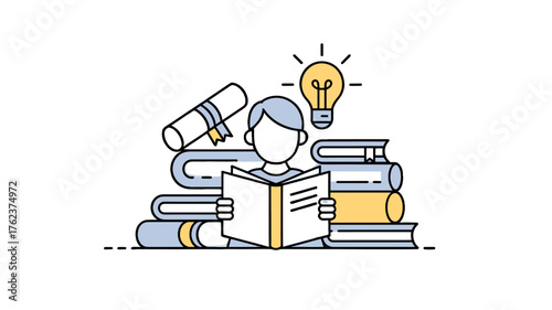 A person absorbed in reading, surrounded by books and a lightbulb, symbolizing knowledge and education.