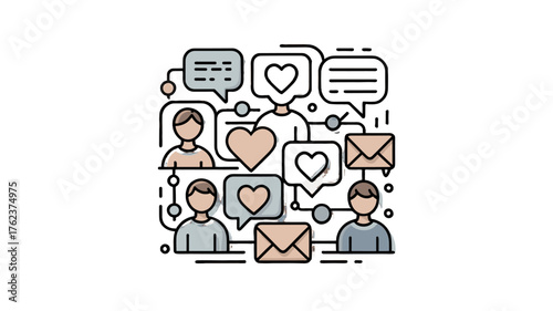 Digital illustration of social interactions and online communication.
