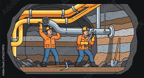 Flat vector of miners installing ventilation system underground, teamwork and engineering safety operation