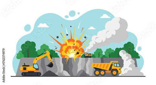 Flat vector of quarry blasting operation with controlled explosion, mining power and industrial process theme